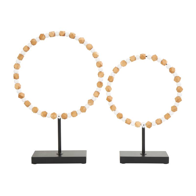 Wood Geometric Geometric Beaded Ring Sculpture with Black Metal Stands - Set of 2 Brown - Roche River Decor - 4"W x 13"L x 19"H