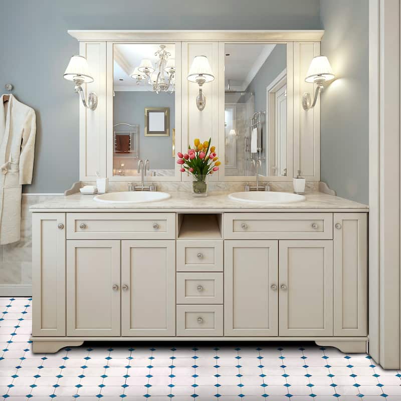 Contemporary Zellige Panels, 12" X 12" X 1/2", White - Night Blue Accents