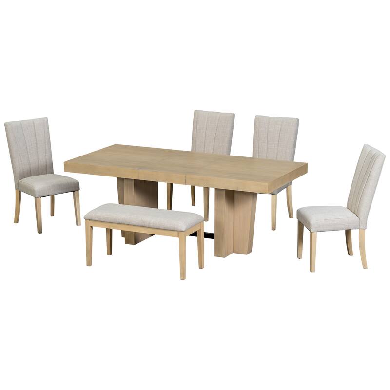 6-Piece Extendable Dining Set with Removable Leaf, Wood Kitchen Table Set with Bench and 4 Upholstered Chairs