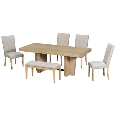 78.1inch Extendable Dining Table Set for 6, Kitchen Table Set with Bench and 4 Chairs,3.8inch Thick Tabletop and Trestle Legs