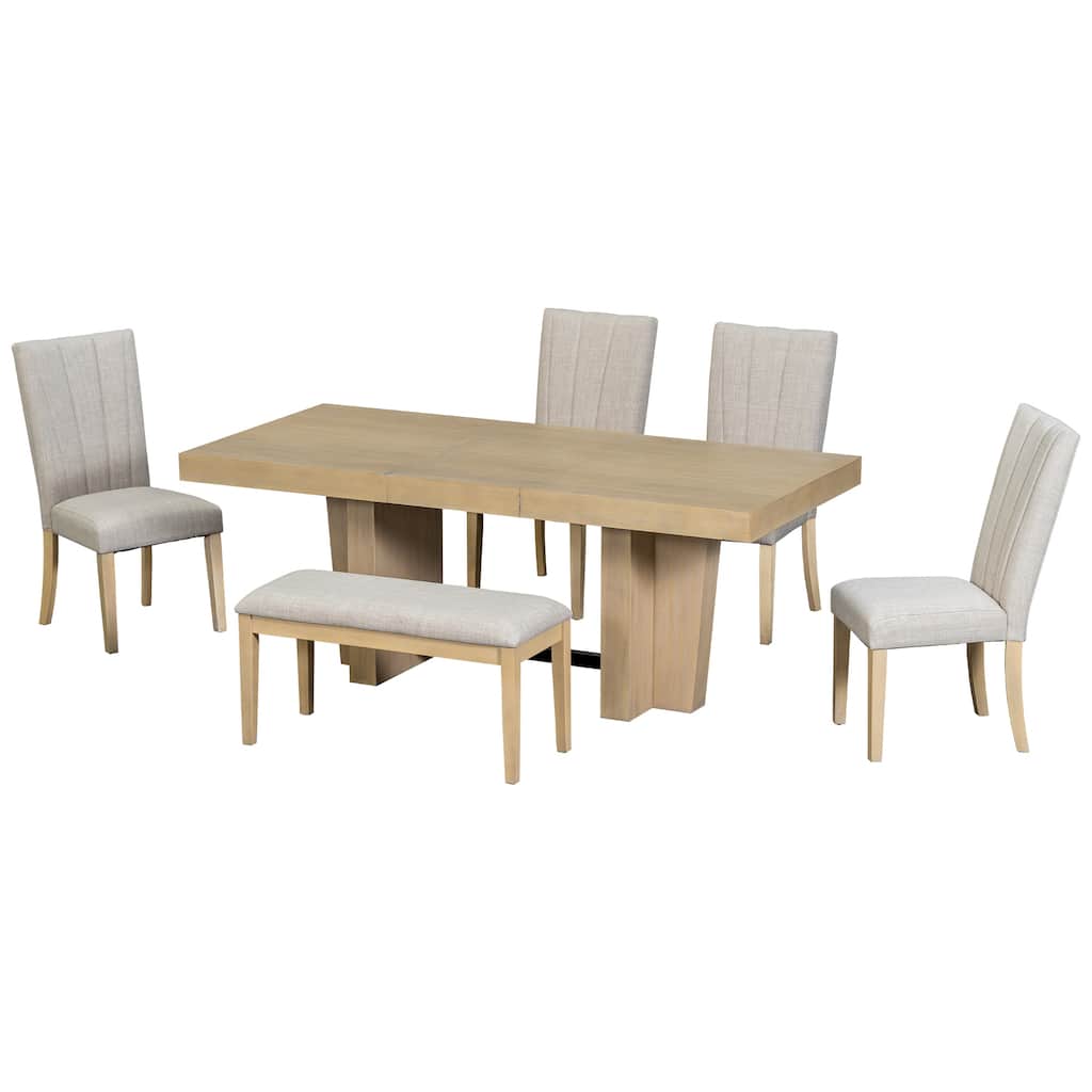 Farmhouse 78.1inch Extendable Wood Dining Table Set for 6, Kitchen Table Set with Bench and 4 Upholstered Chairs