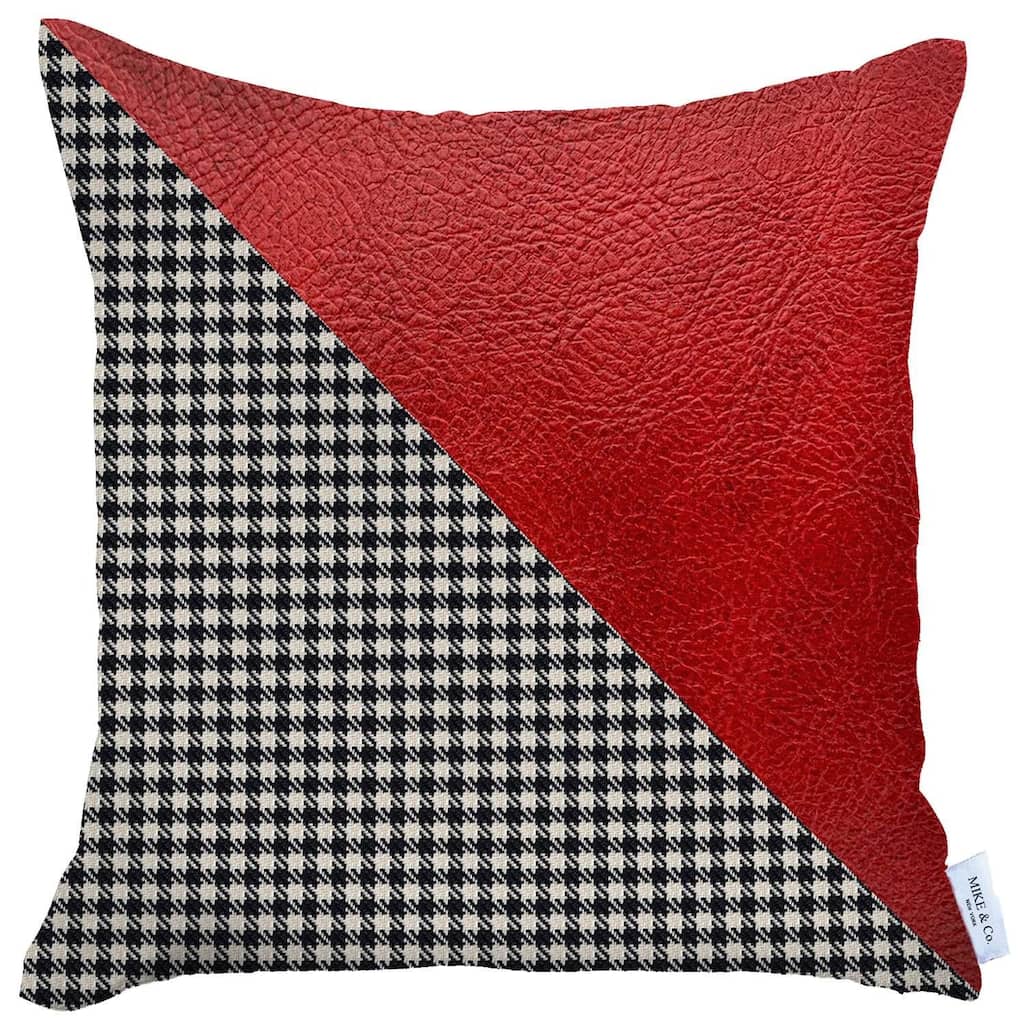 HomeRoots 18" X 18" Black And Red Houndstooth Zippered Handmade Polyester Throw Pillow Cover