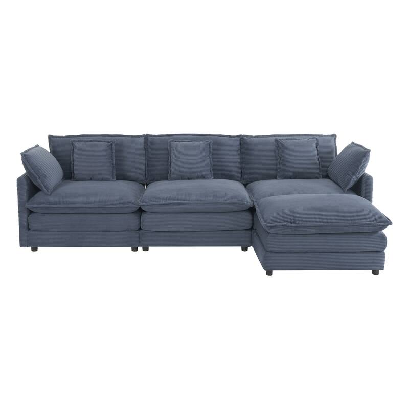 Sectional Sofa with Movable Ottoman Corduroy L-Shaped Upholstered Deep Seat Couch with Lumbar Pillows and Side Pockets
