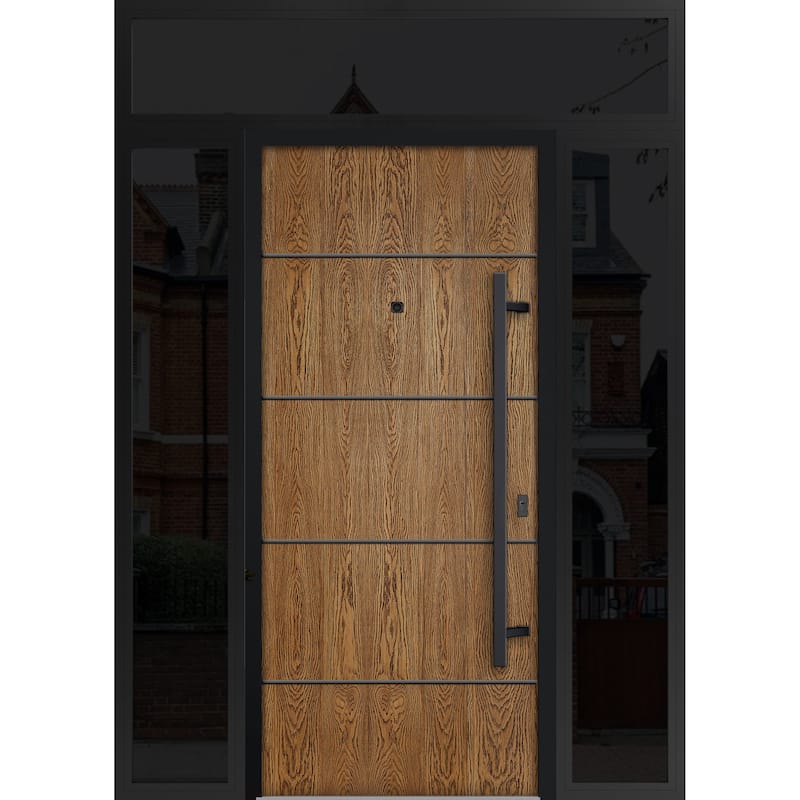 Exterior Prehung Steel Entry Door 0131 Black Enamel 2 Sidelites Top Window Stainless Steel Inserts W16+36+16xH80+16 - Beige - 64" x 96"