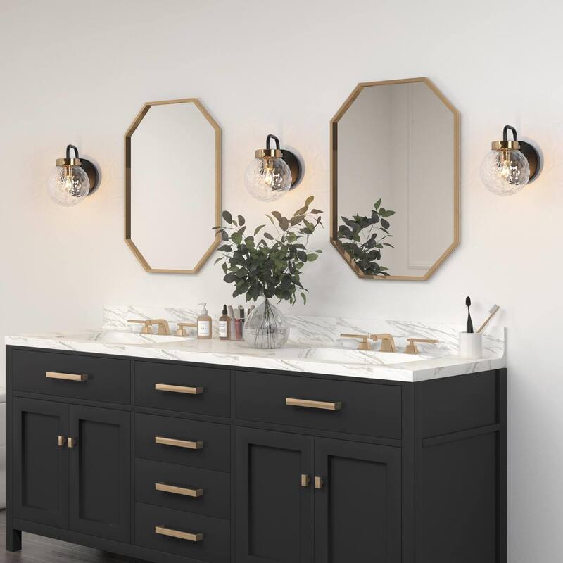 Modern Farmhouse Black Gold 1-Light Wall Sconces Globe Bathroom Vanity Lights - Light fixture: W 5" x D 8" x H 7.5"