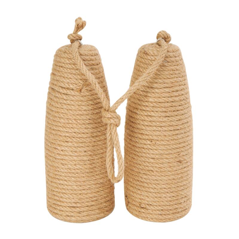 White or Brown Wood Handmade Coiled Striped Rope Buoy Sculpture with Joined Hanging Handle (Set of 2)