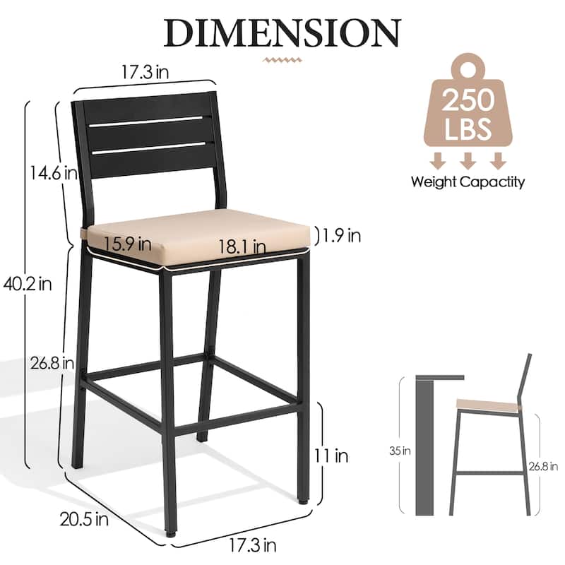 VredHom Outdoor Patio Barstools with Cushion - D 20.5 in. x W 17.3 in. x H 40.2 in.