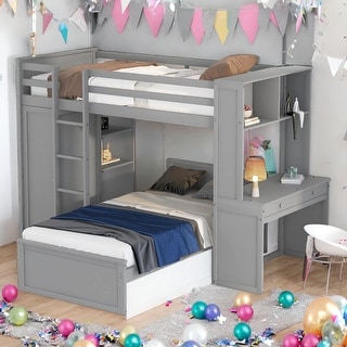 Twin size Loft Bed With Twin Size Stand-alone Bed,Shelves,Desk And Wardrobe