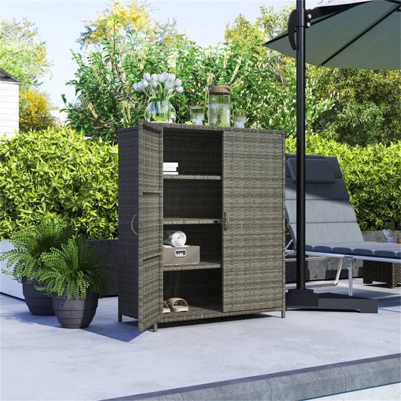 Outdoor Shoe Storage Cabinet with 4 Shelves and Wicker Doors - 33.5" L x 15.7" W x 40.6" H