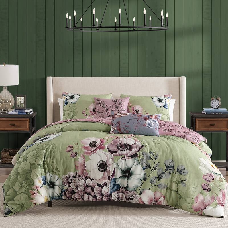 Bebejan Lilac Cascade on Olive 100% Cotton Sateen 5 Piece Reversible Comforter Set