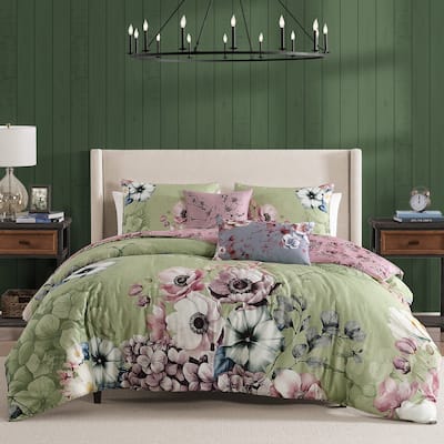 Bebejan Lilac Cascade on Olive 100% Cotton Sateen 5 Piece Reversible Comforter Set