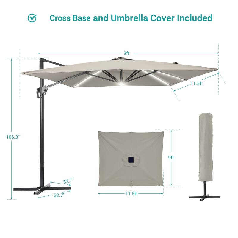 BONOSUKI 11.5x9FT LED Cantilever Patio Umbrella with 360 Rotation