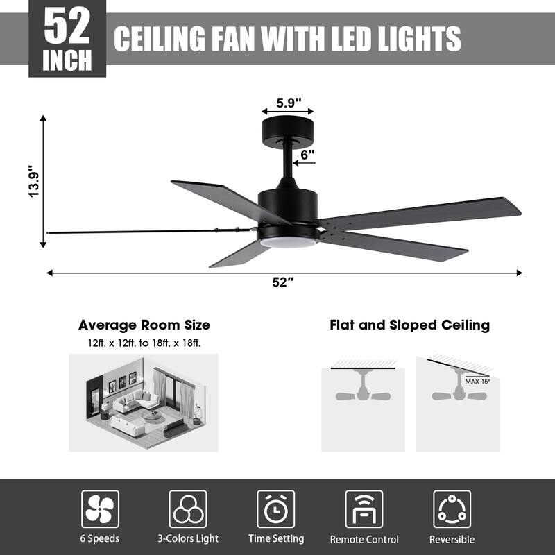 52" Modern Black Wood 5-blade Ceiling Fan with Light and Remote Control