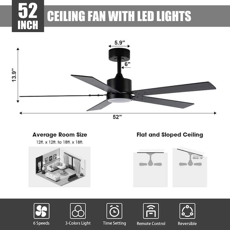 Vaczon 52" Modern Black LED Smart Ceiling Fan with Light and APP Control