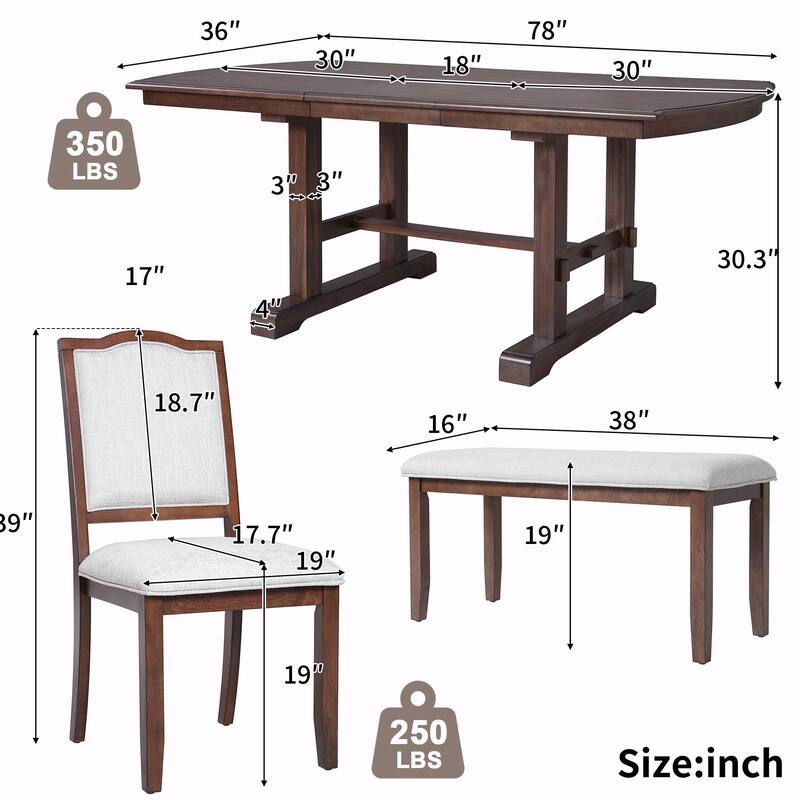 Rustic Dining Table Set - 6-Piece with Removable Leaf, 4 Chairs + 1Bench
