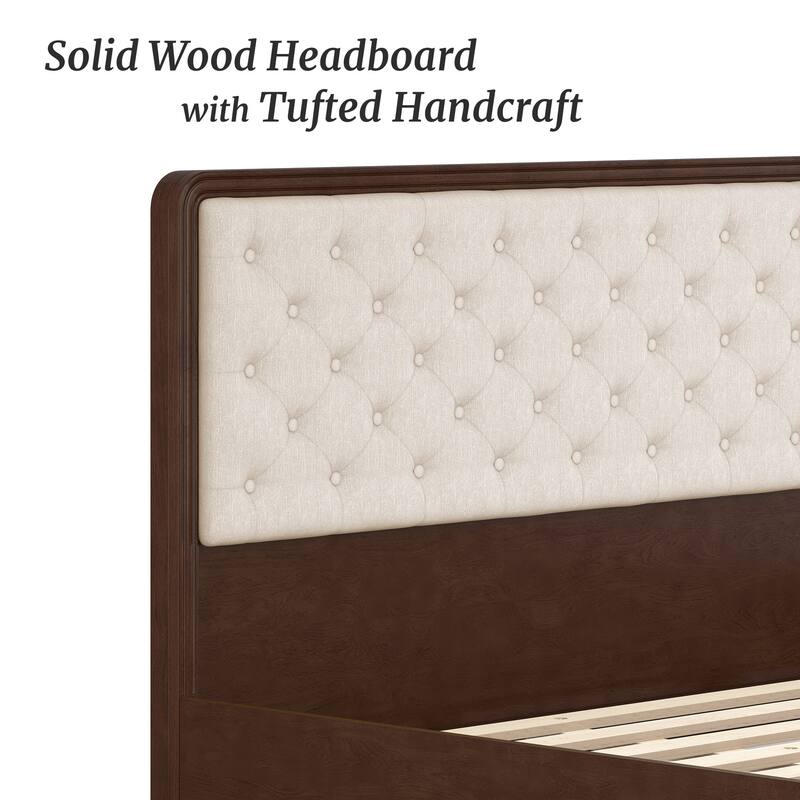 LUE BONA Solid Wood Panel Platform Bed with Button Tufted Headboard, Multi-Size wooden Rustic Bed Frame Bedroom Furniture