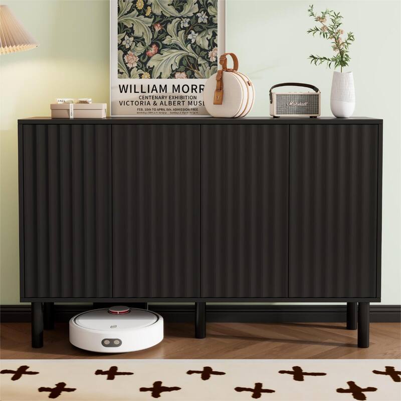 Minimalist Shoe Cabinet with Fluted Doors and 5 Solid Wood Legs - 55.1" W × 13.7" D × 35.4" H