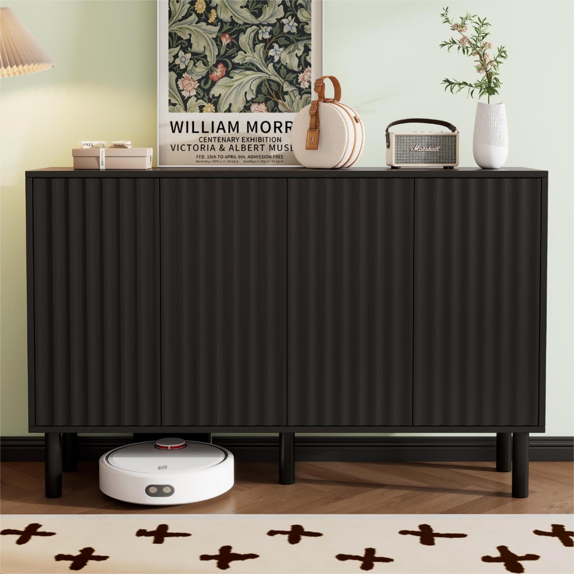 Minimalist Shoe Cabinet with Fluted Doors and 5 Solid Wood Legs - 55.1" W × 13.7" D × 35.4" H