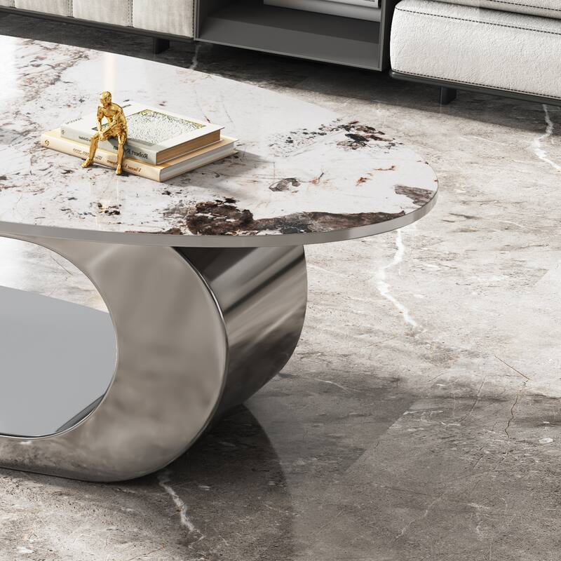 Modern Coffee Table Fish Belly White Marble Coffee Table Stainless Steel Base and Adjustable Feet, for Living Room