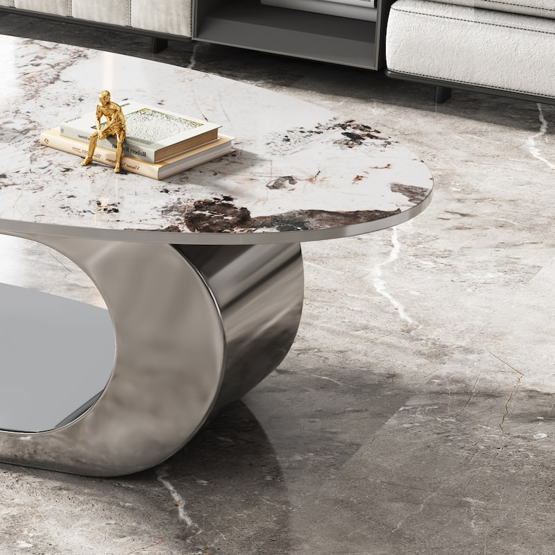 Modern Oval Coffee Table End Table with Sintered Stone Top, Accent Table with Veining and Central Ball Support