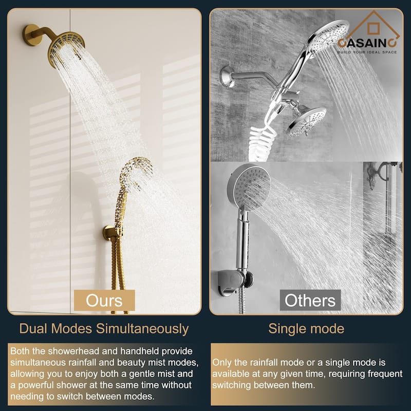 CASAINC 2-Spray 5 in. Shower Faucet Kit Wall Mounted Fixed and Handheld Dual Shower Heads 1.8 GPM - 5" x 5"