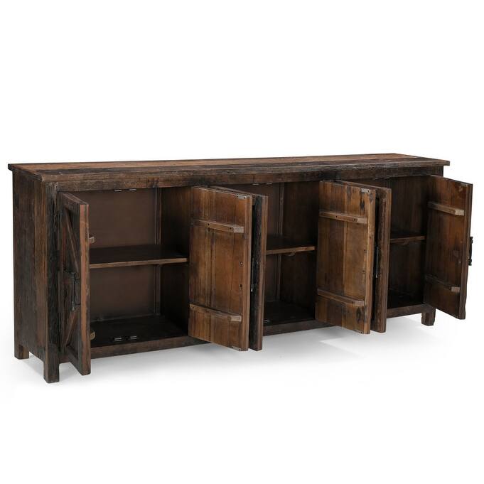 HomeRoots 84" Dark Brown Distressed Reclaimed Wood Paneled Sideboard with Six Doors - 84.00 in. x 33.00 in. x 16.00 in.