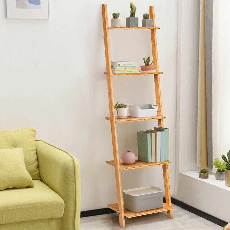 Gymax 5-Tier Ladder Shelf Modern Bamboo Leaning Bookshelf Ladder - See Details