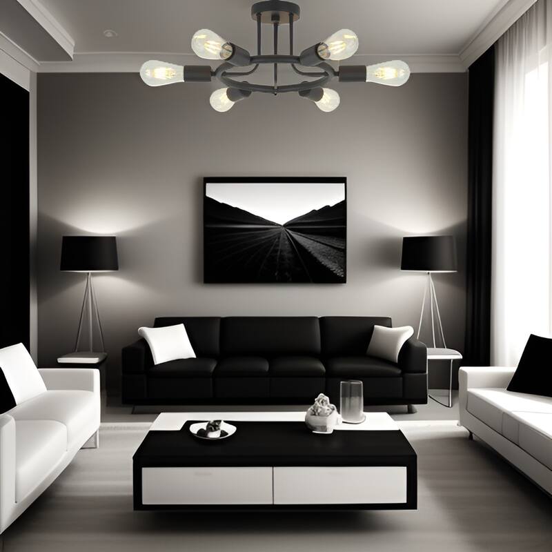 Black Finished 6-Light Sputnik Ceiling Light, Industrial Semi Flush Mount Fixture for Kitchens and Living Spaces