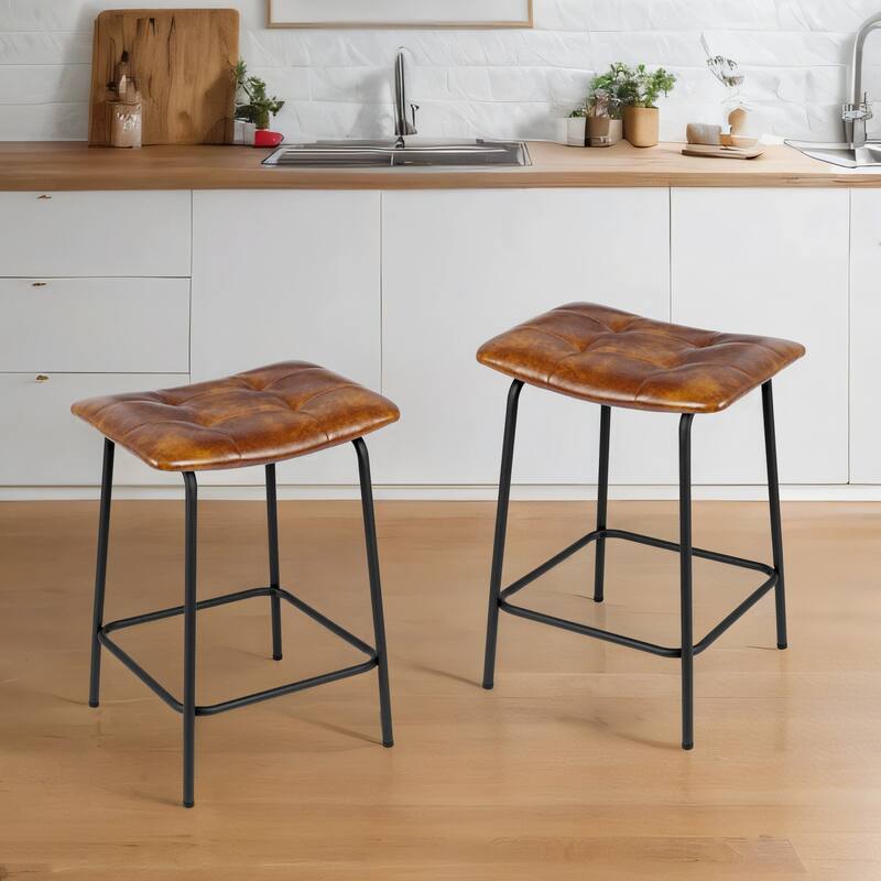 Saddle Tufted 24” Height Breathable Faux Leather Counter Stools