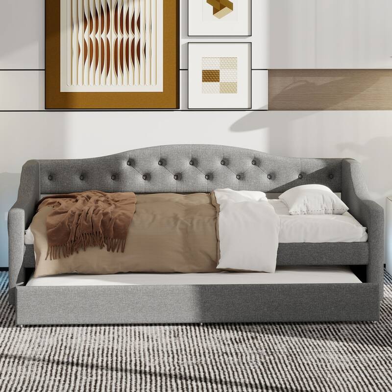 Upholstered Twin XL Size Daybed with LED Belt and Trundle, Gray - Grey