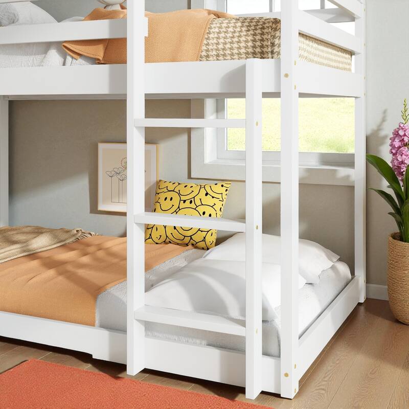 Twin Over Twin Floor Bunk Bed with House Roof Design, Rubber Wood Frame, Ladder and Guardrails for Kids Bedroom