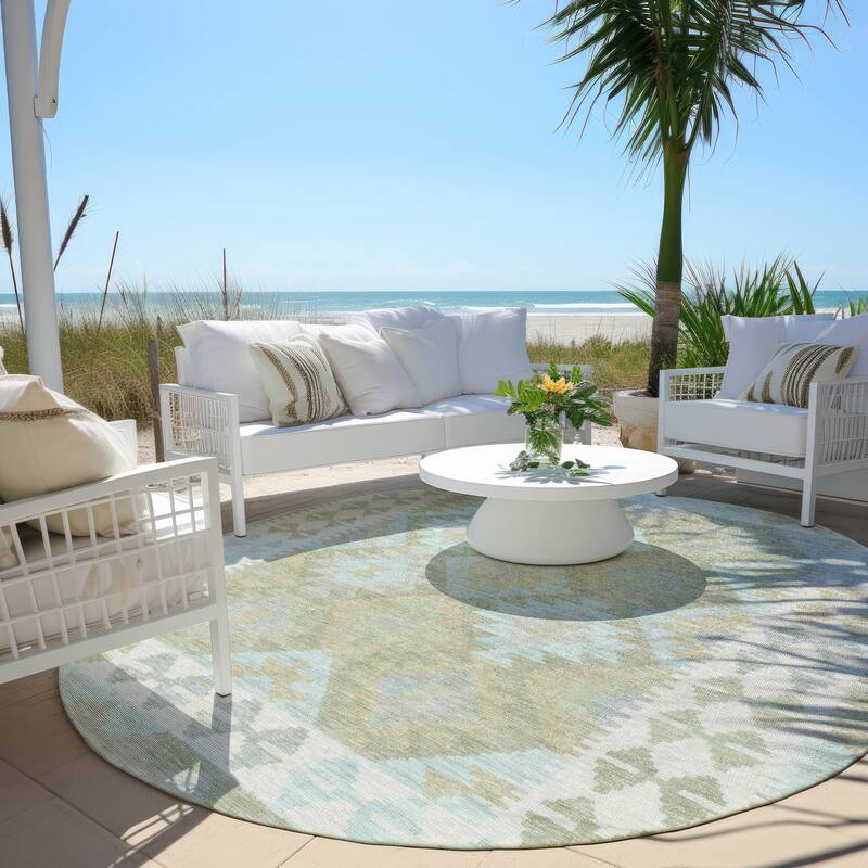 Machine Washable Indoor/ Outdoor Boho Global Chantille Rug - Sage - 8' x 8' - Round