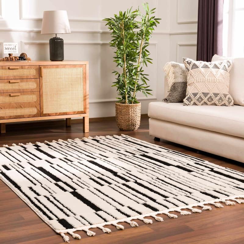 Hauteloom Azana Living Room, Bedroom Area Rug - Farmhouse - High Pile - Bone,Black - 5'3" x 7' - 7'10" x 10' - Bone, Black / Bansi