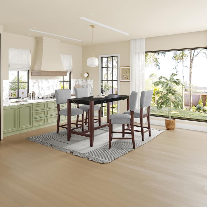 5-Piece Counter Height Dining Table Set with Faux Marble Table and 4 Upholstered-Seat Ergonomic Chairs, Anti-stain Surface