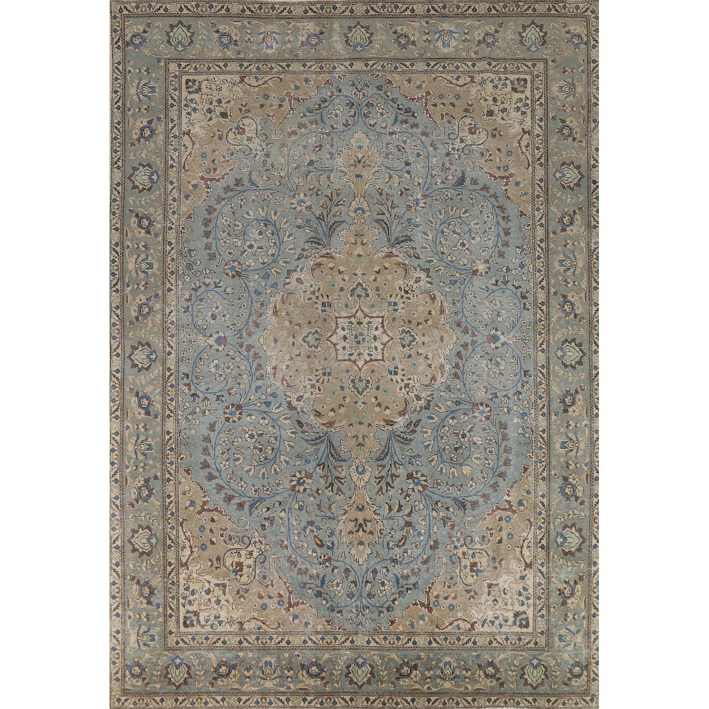 Floral Tabriz Persian Area Rug Hand-Knotted Light Blue Wool Carpet - 8'3"x 11'2"