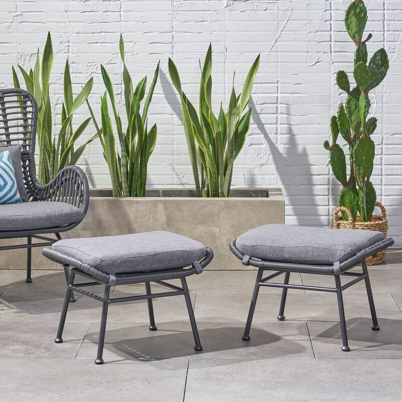 Roomfitters Outdoor Rattan Ottomans with Cushions, Set of 2 Footrests for Patio or Balcony Seating