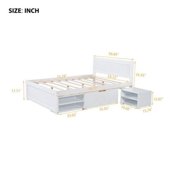 Full Size Platform Bed with Storage Drawer, Wooden Bed with Two Shelves, Space-saving Bed with Headboard, White
