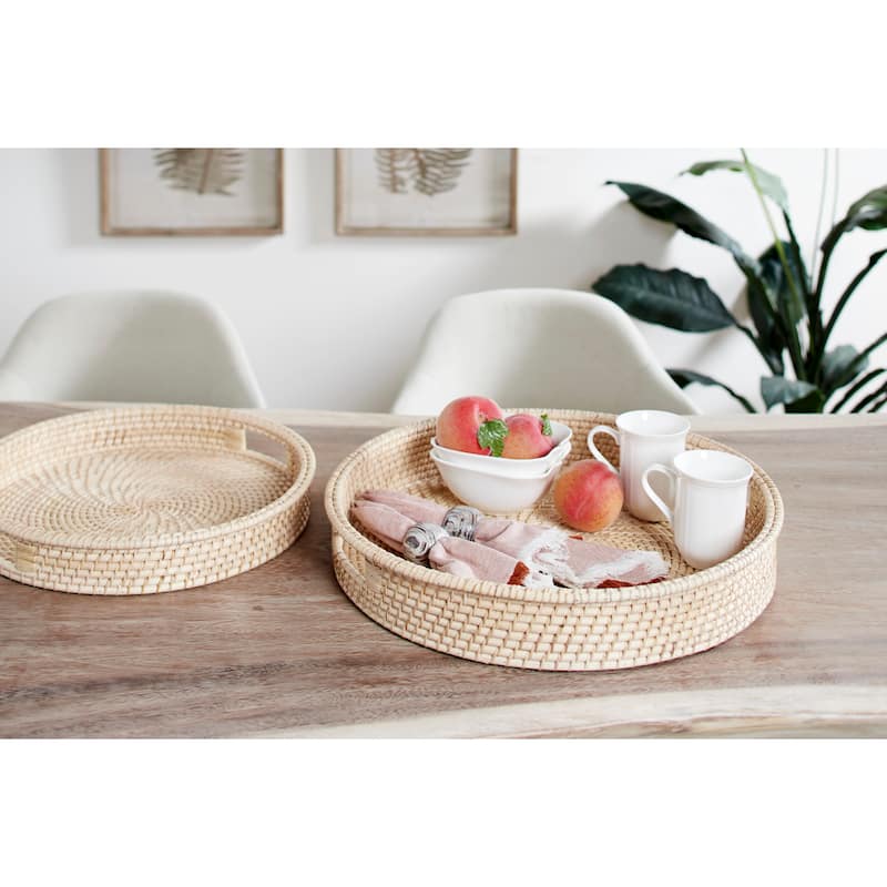 Cream Rattan Living Room Decor Tray with Slot Handles (Set of 2) - 20 x 20 x 3Round