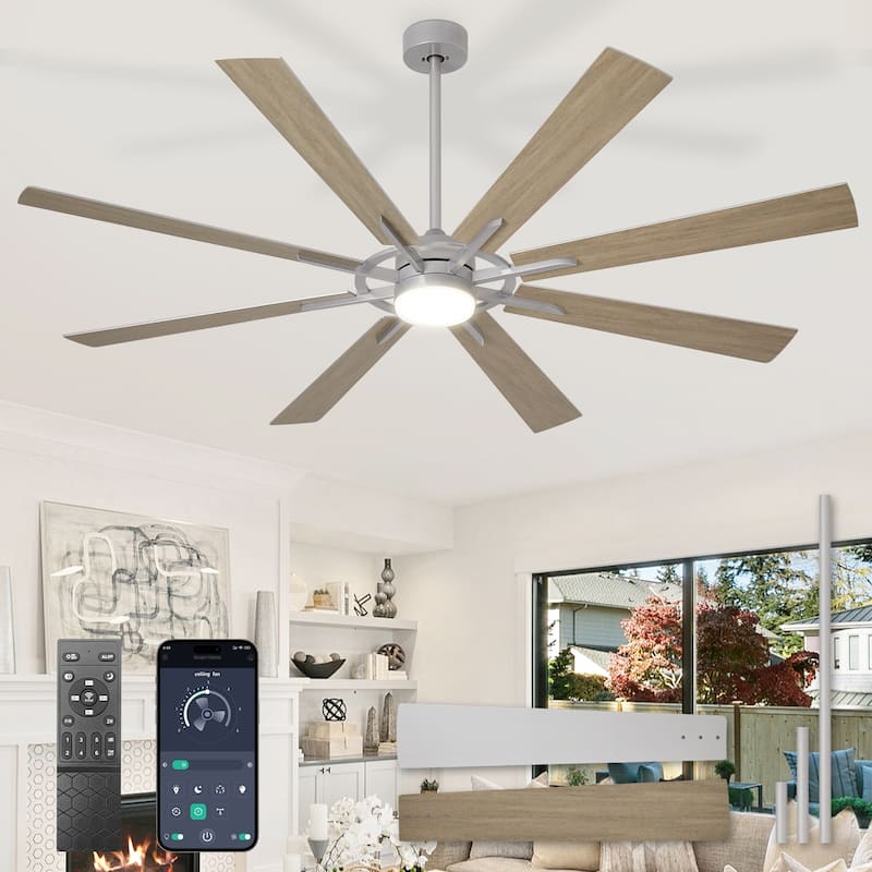 Modern 72 Inch 8 Blade Outdoor large Ceiling Fans with Lights: Dimmable Indoor Reversible 6 Speed Quiet DC Motor - 72in - Sliver