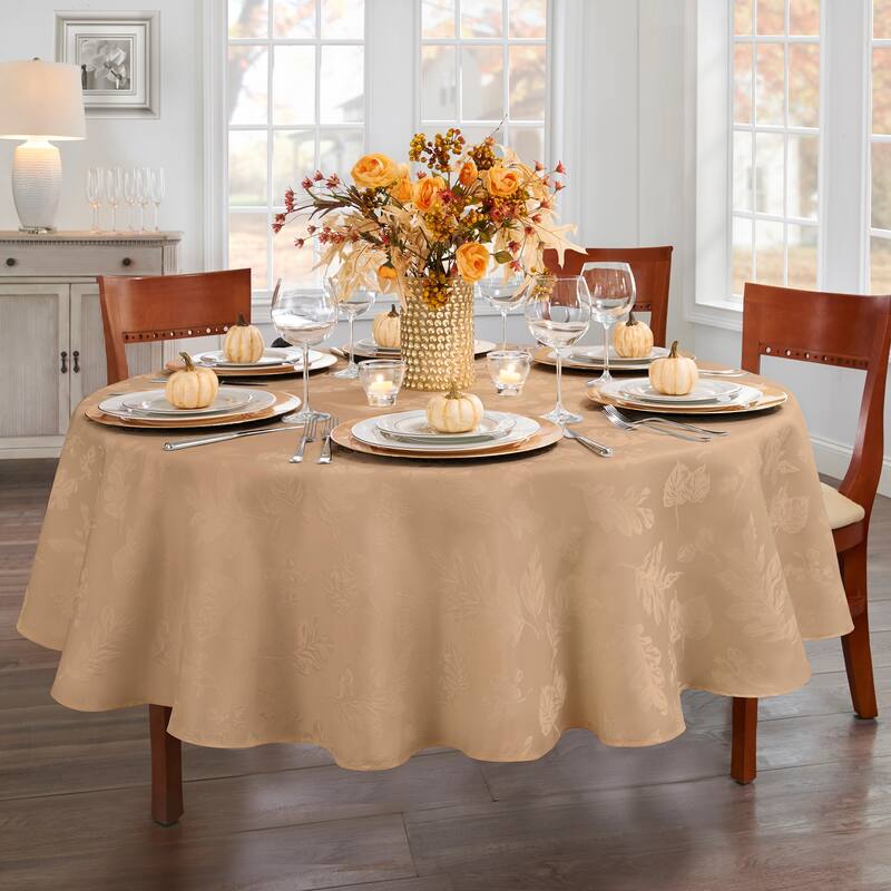 Elegant Woven Leaves Jacquard Damask Tablecloth - 70" Round - Taupe