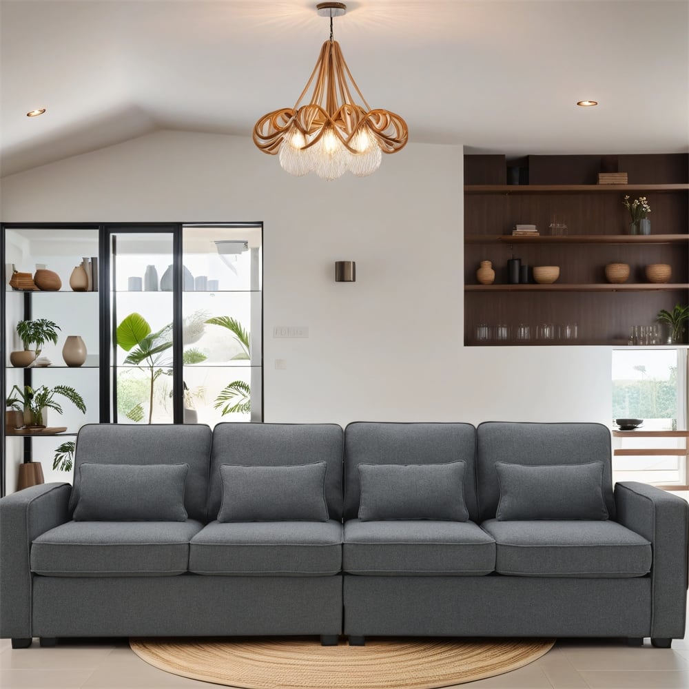 4-Seater Modern Linen Fabric Sofa with Armrest Pockets and 4 Pillows