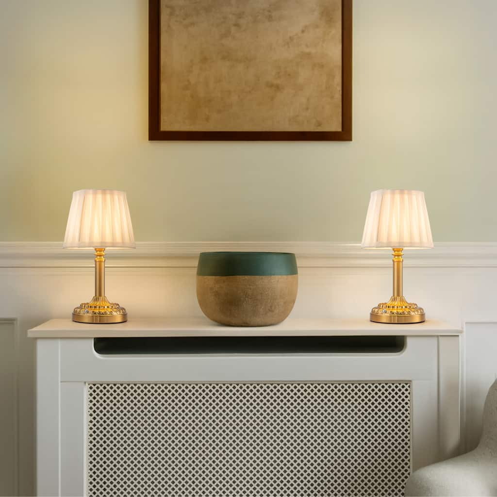 Brass Glam Cordless Fabric Shade Table Lamp Touch Control with 3 Way Classic Dimmable Rechargeable LED（2 Pack） - W6''