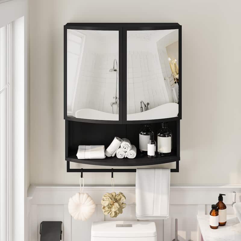 Anmytek Black 24 Inch Arched Mirror Wall Cabinet with Glass Double Doors and Towel Rack - 23.62*8.85*31.5 - 23.62*8.85*31.5