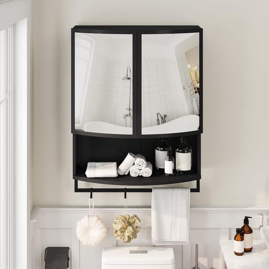 Anmytek Black 24 Inch Arched Mirror Wall Cabinet with Glass Double Doors and Towel Rack - 23.62*8.85*31.5