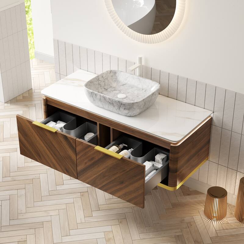 48" Bathroom Vanity with Vessel Sink Floating Storage Cabinet with Sensor Light and 2 Drawers, Pre-assembled