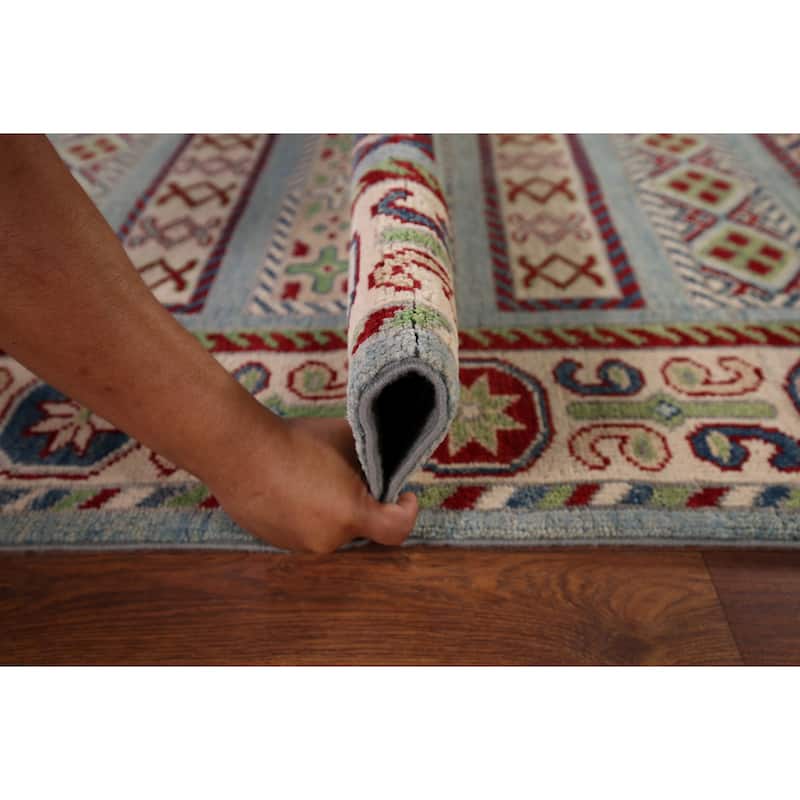 Geometric Blue Kazak Oriental Runner Rug Hand-Knotted Wool Carpet - 3'2" x 16'1"