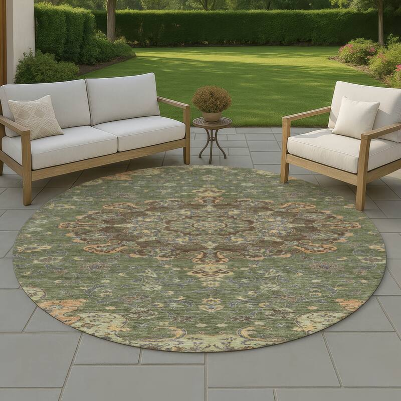 Machine Washable Indoor/ Outdoor Traditional Awaka Chantille Rug - Olive - 8' x 8'