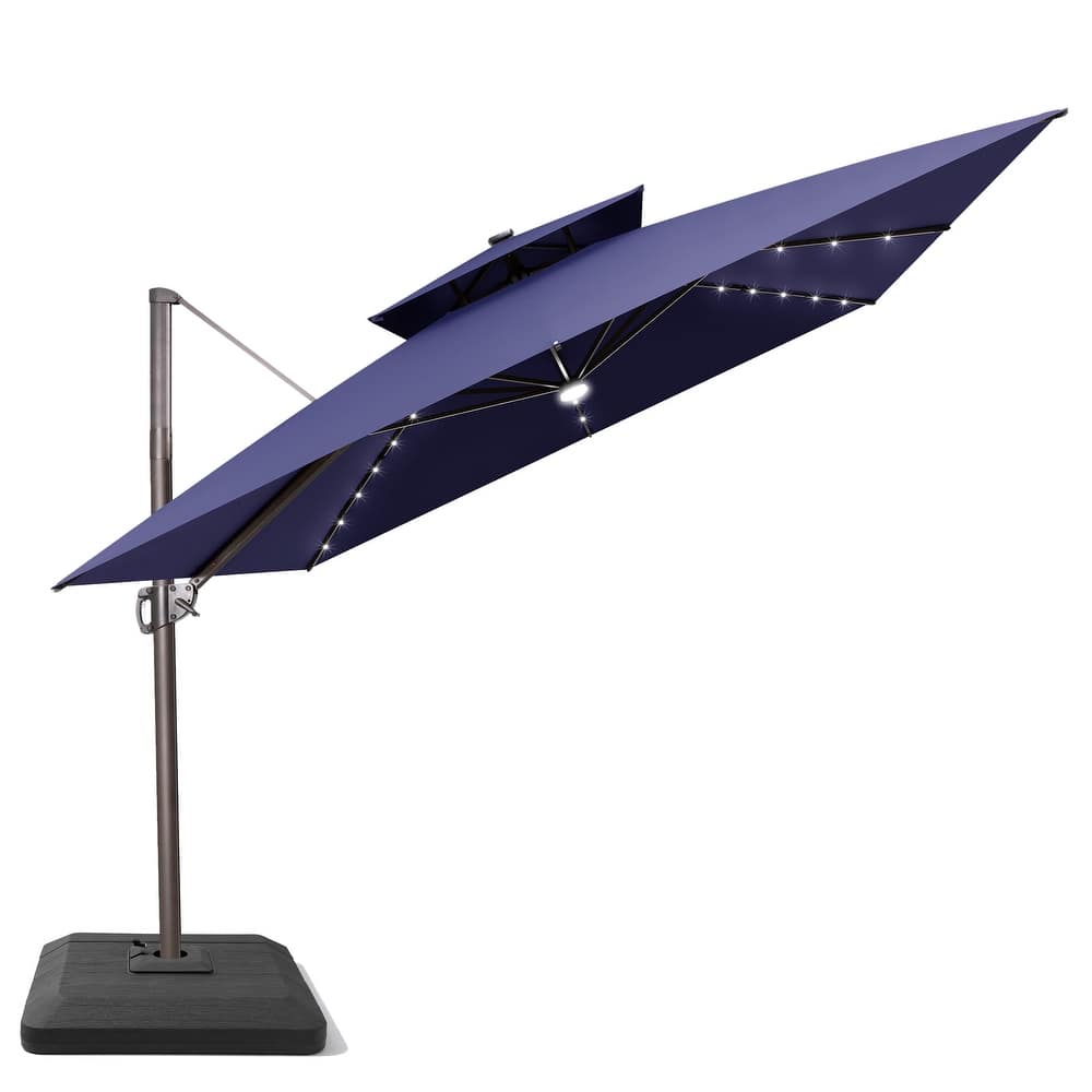 11 FT Square Aluminum Outdoor Patio Cantilever Umbrella Solar LED Lighted with Weight Base