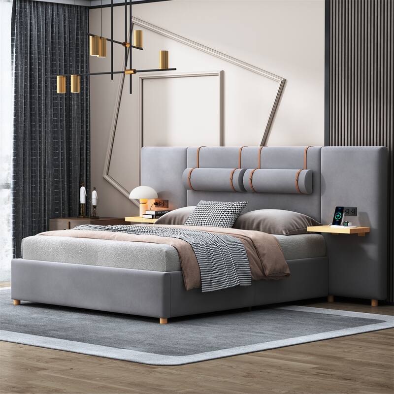 Queen Size Upholstered Platform Bed w/ 2 Outlets & USB Charging Ports - Grey