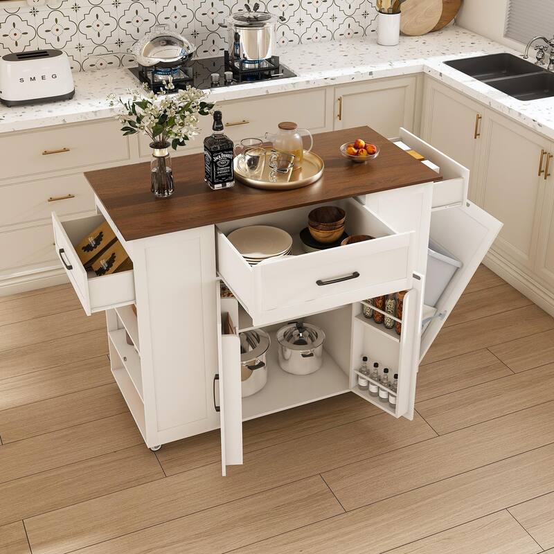 Kitchen Island with Storage, Rolling Kitchen Island Cart on Wheels with Power Outlet, Trash Can Storage & Adjustable Shelf - White+Walnut